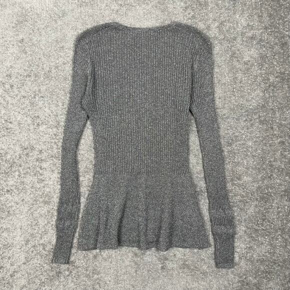Veronica Beard Esmeralda Metallic Sweater Silver V-Neck Ribbed Knit Peplum Gray - Picture 16 of 16
